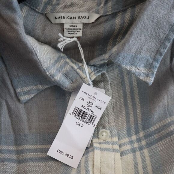 American Eagle 035-1354-3196-020 Womens Sz S Blue Flannel Peplum Button-Up Shirt - Picture 6 of 8